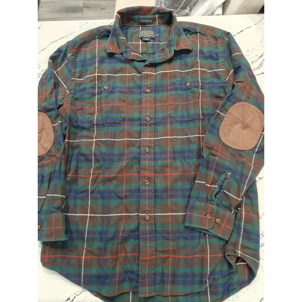 Pendleton Hawthorne Green Flannel Shirt Elbow Patch Tartan Plaid Button Men Larg